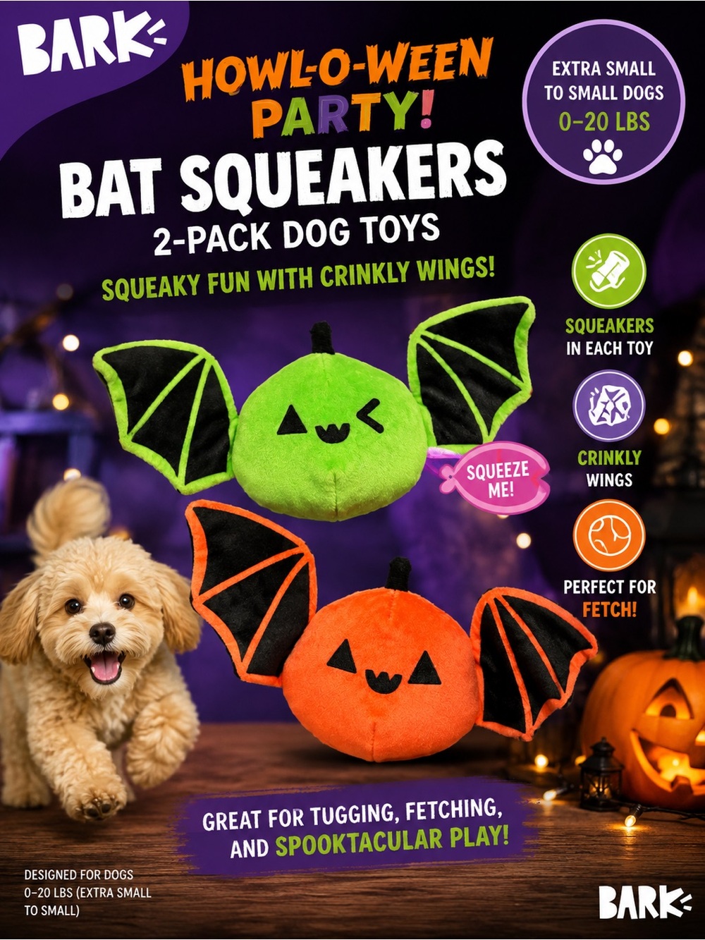 Bark Howl-O-Ween Bat Squeakers 2-Pack - Green & Orange